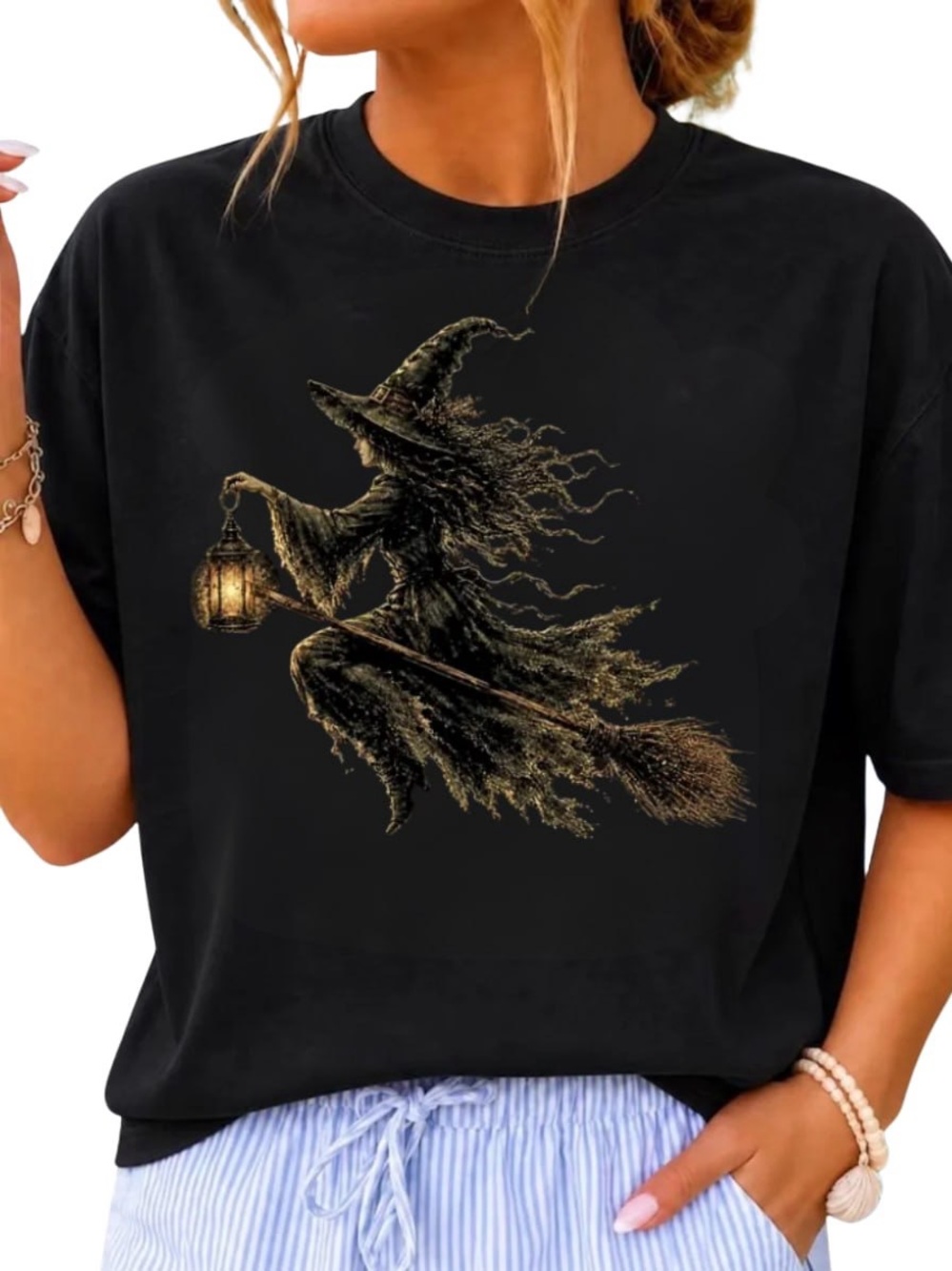 Black Tee with Gold Witch Lantern Graphic